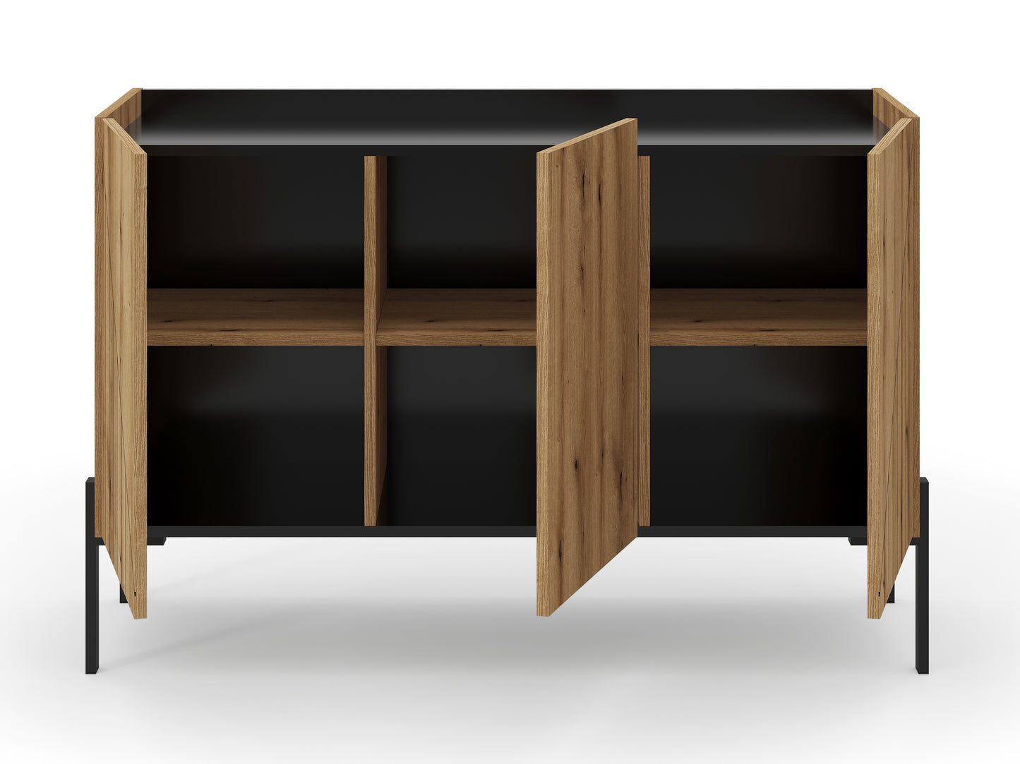 Sideboard mit offenen Türen, zwei Fächer innen, Holzoptik und schwarze Rückwandflächen