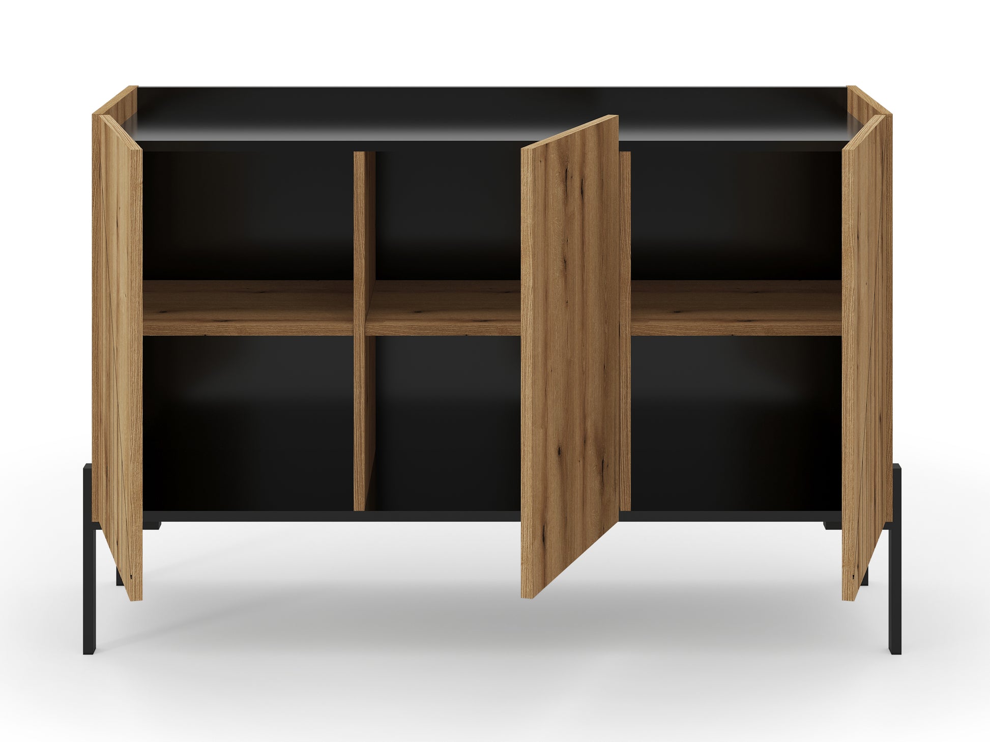 Sideboard mit offenen Türen, zwei Fächer innen, Holzoptik und schwarze Rückwandflächen