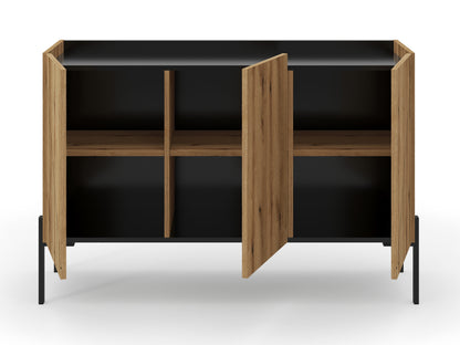 Sideboard mit offenen Türen, zwei Fächer innen, Holzoptik und schwarze Rückwandflächen