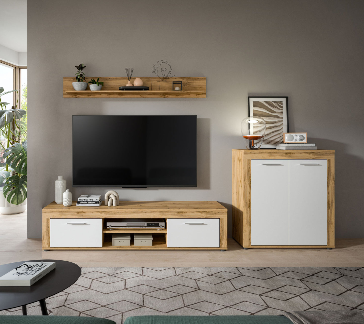 Meuble TV JAM (L/H/P : env. 255/159/40 cm) en imitation chêne Wotan/gris
