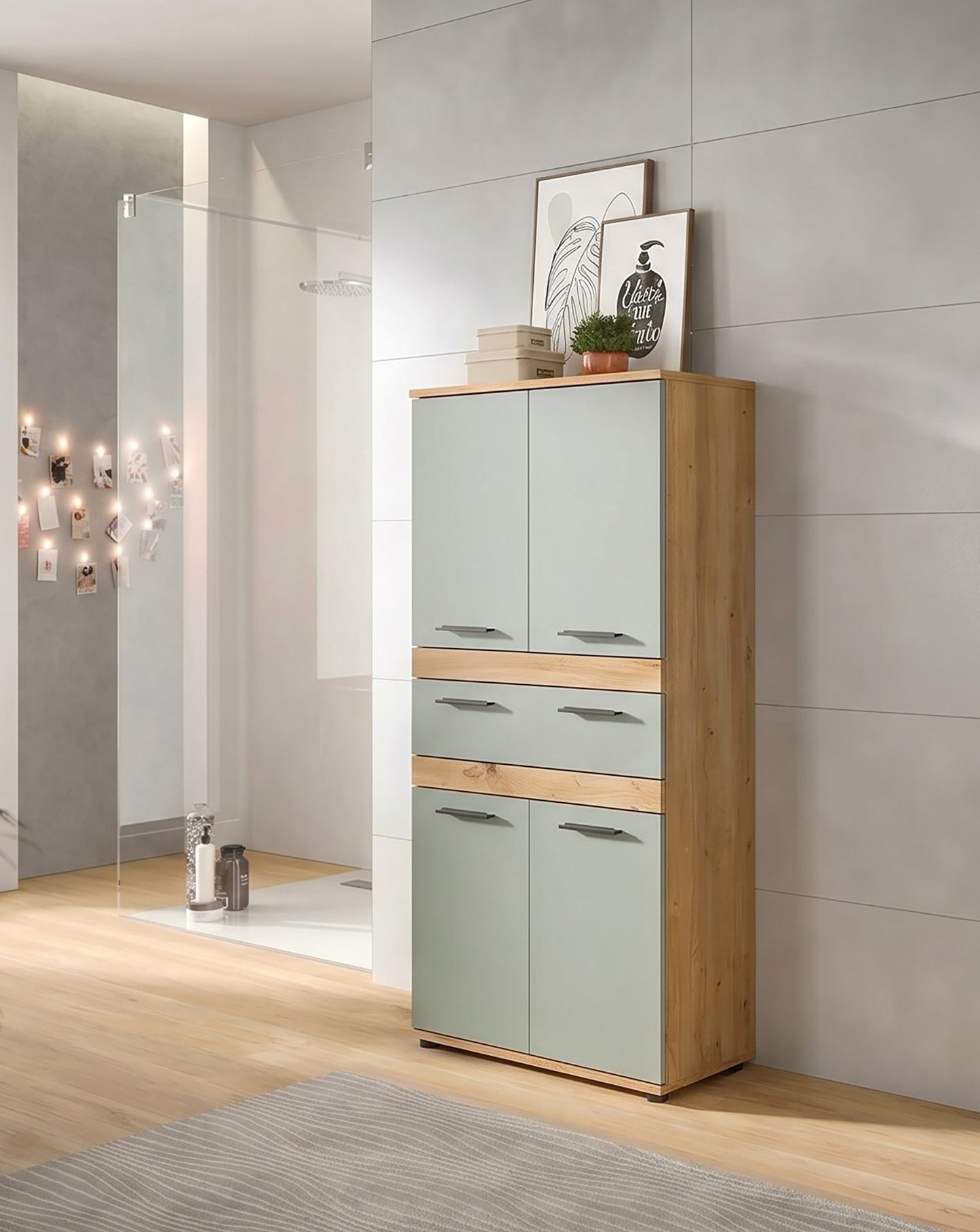 Blake Hochschrank (B/H/T: 70x137x31 cm) in Salbei und Artisan Eiche Nachbildung