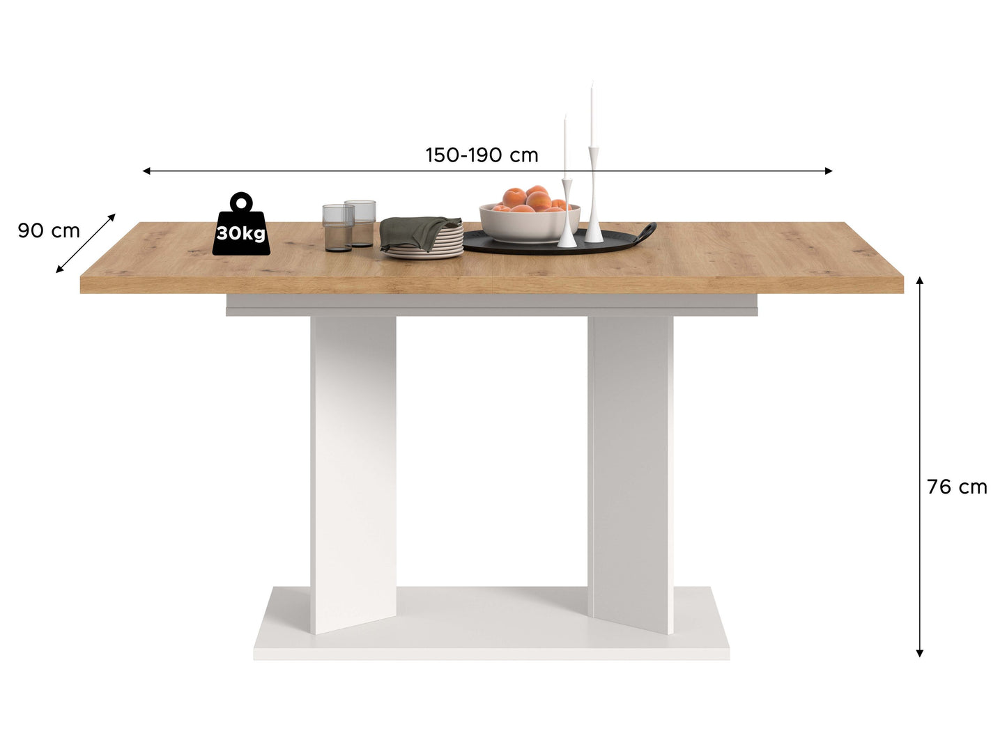 Table à manger GUSTAV (L/H/P : env. 190/76/90 cm) en blanc/imitation chêne Artisan