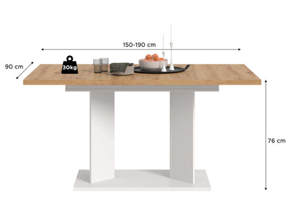 Table à manger GUSTAV (L/H/P : env. 190/76/90 cm) en blanc/imitation chêne Artisan