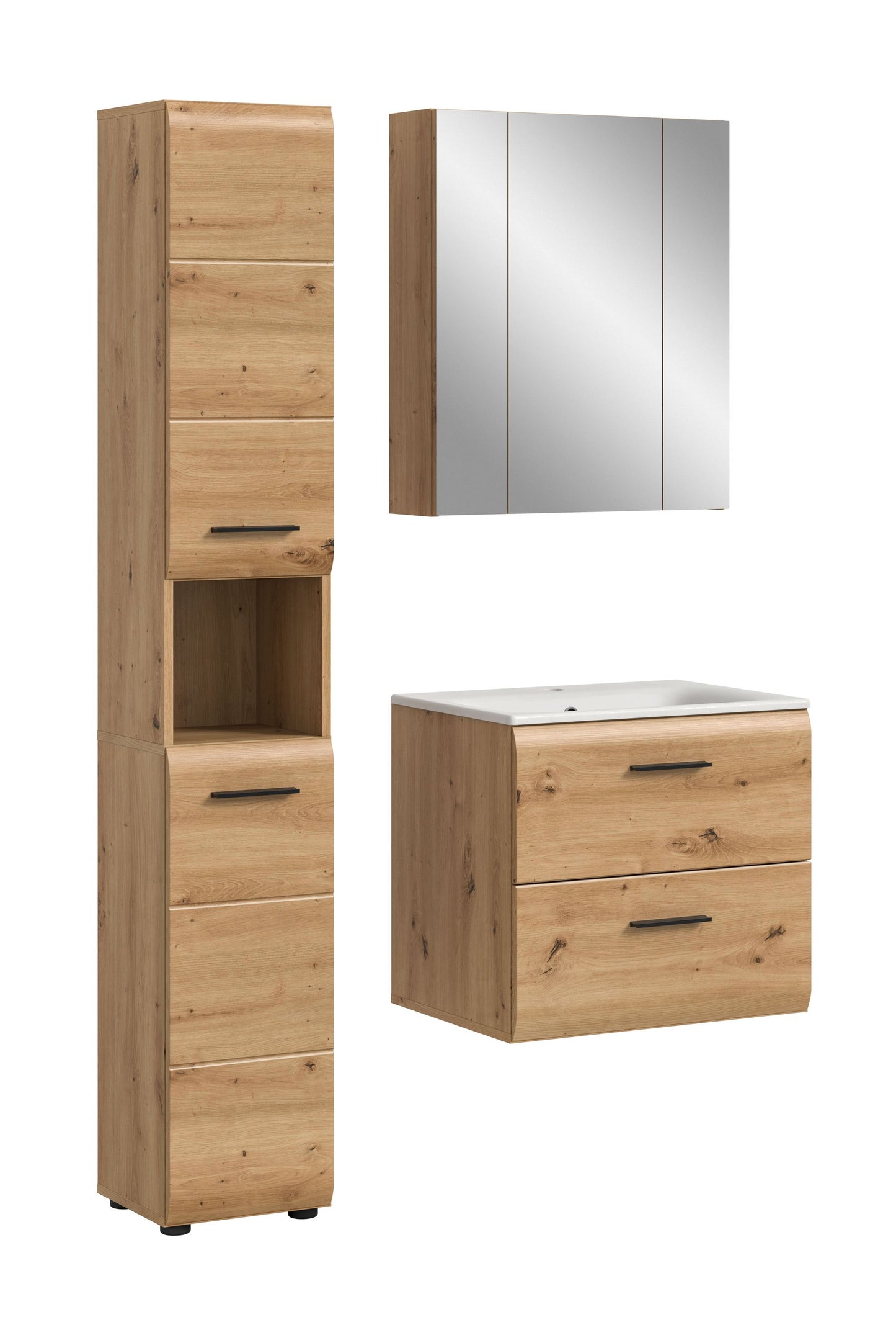 Badmöbel-Set aus hellem Holz: Hochschrank, Spiegelschrank und Waschtischunterschrank