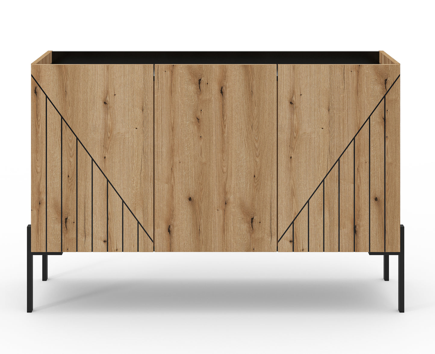 Sideboard mit 3 Türen und Holzmaserung, diagonale Grifflinien, schwarze Beine