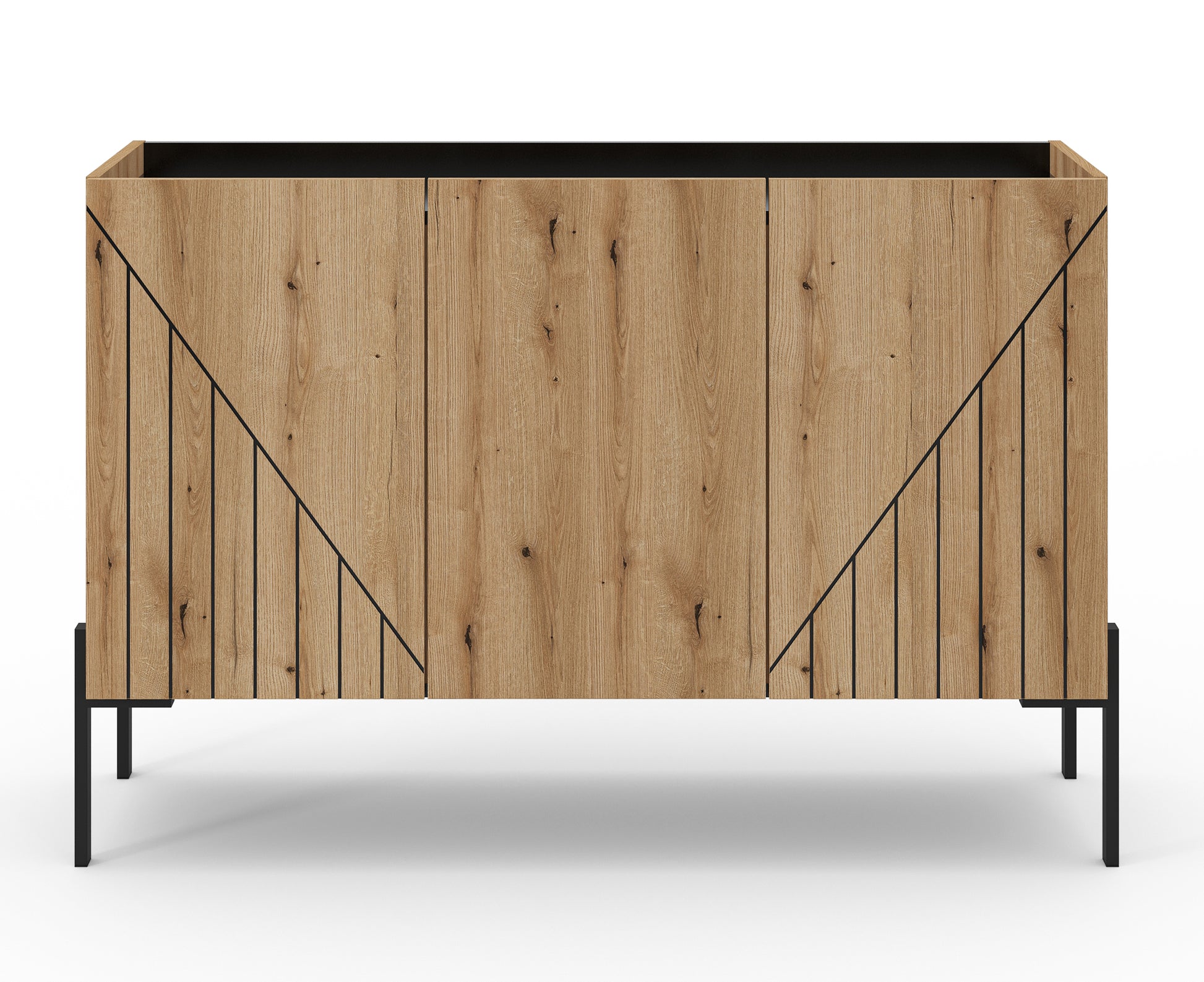 Sideboard mit 3 Türen und Holzmaserung, diagonale Grifflinien, schwarze Beine