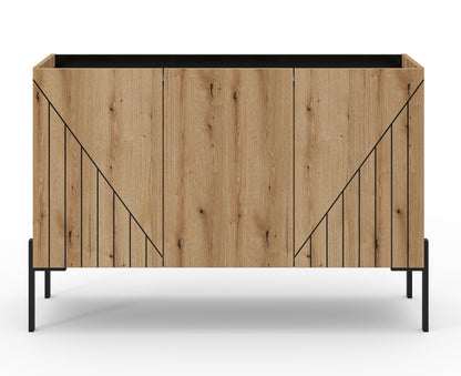 Sideboard mit 3 Türen und Holzmaserung, diagonale Grifflinien, schwarze Beine