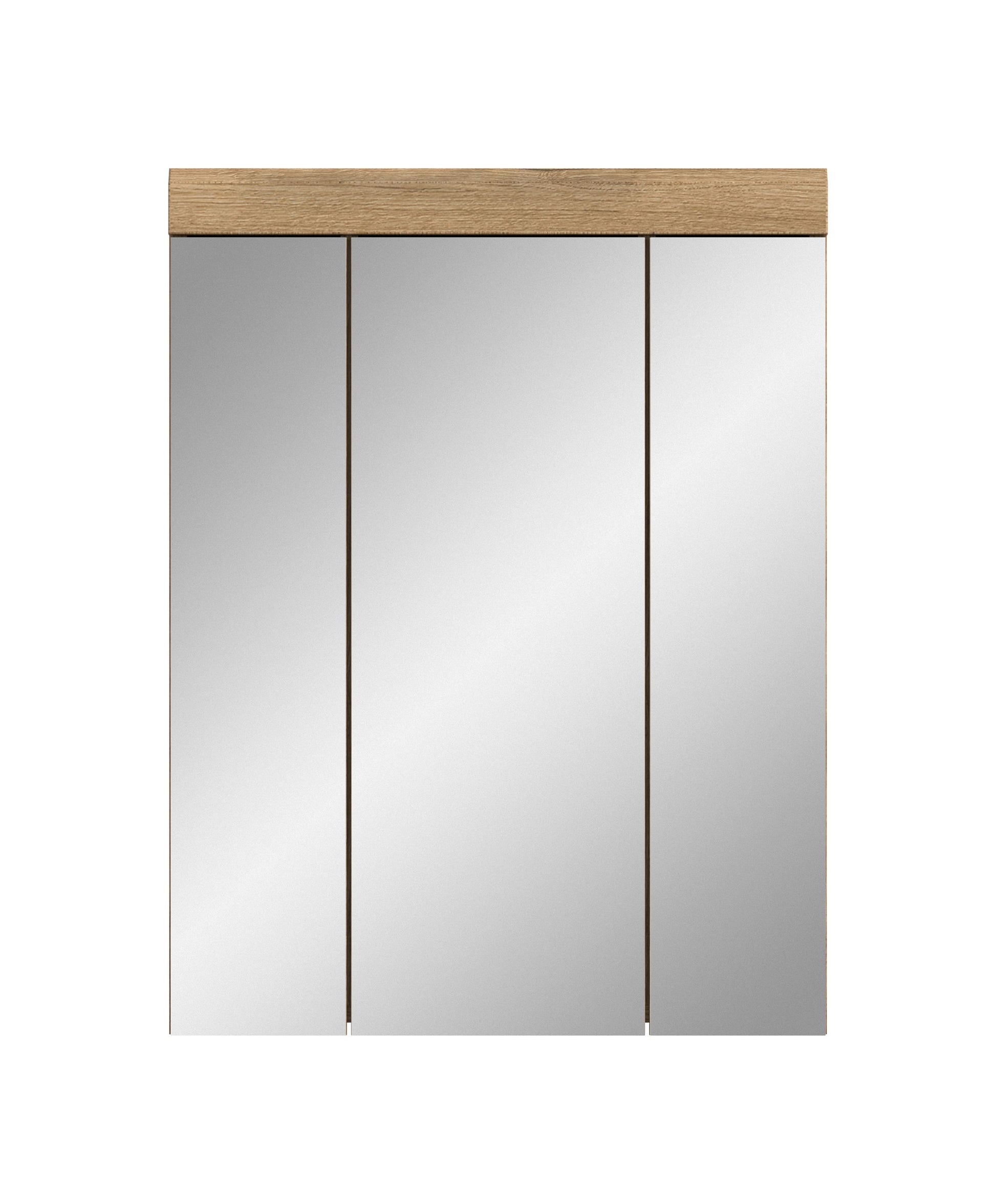 Badspiegelschrank mit drei Spiegeltüren, Holzdekor-Oberseite, weißer Korpusfront