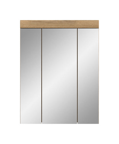 Badspiegelschrank mit drei Spiegeltüren, Holzdekor-Oberseite, weißer Korpusfront