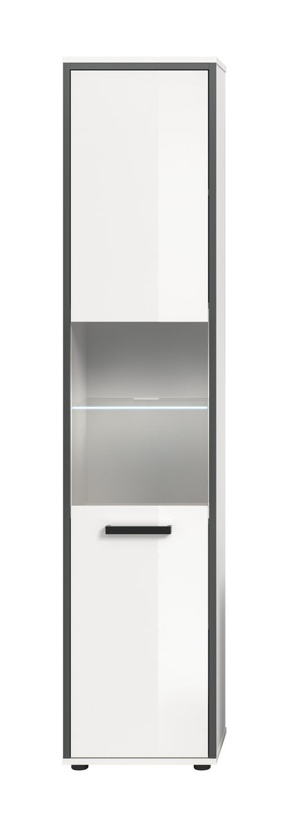 Badhochschrank weiß Hochglanz mit Tür und Innenfächern, darunter Schublade