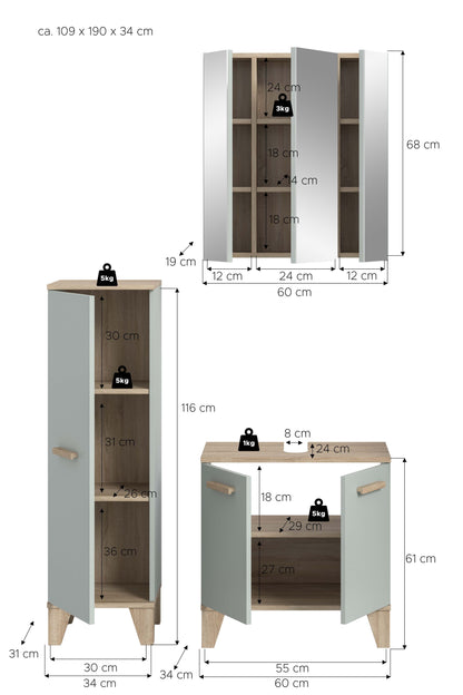 Ensemble de salle de bain STAR (L/H/P : env. 109/190/34 cm) vert clair/vert clair