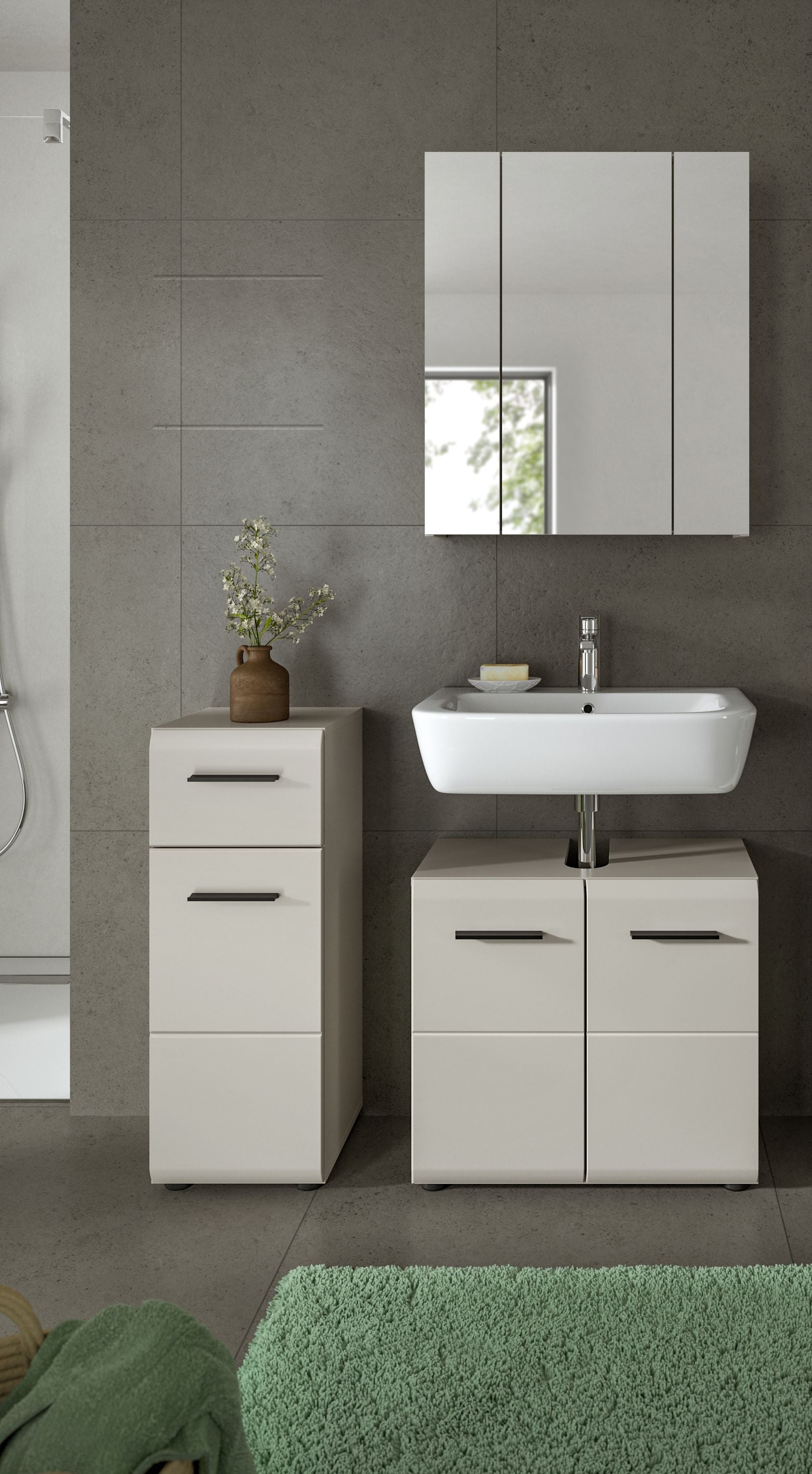 Badmöbel-Set mit Spiegeloberschrank, Waschbecken und Unterschränken, weiß