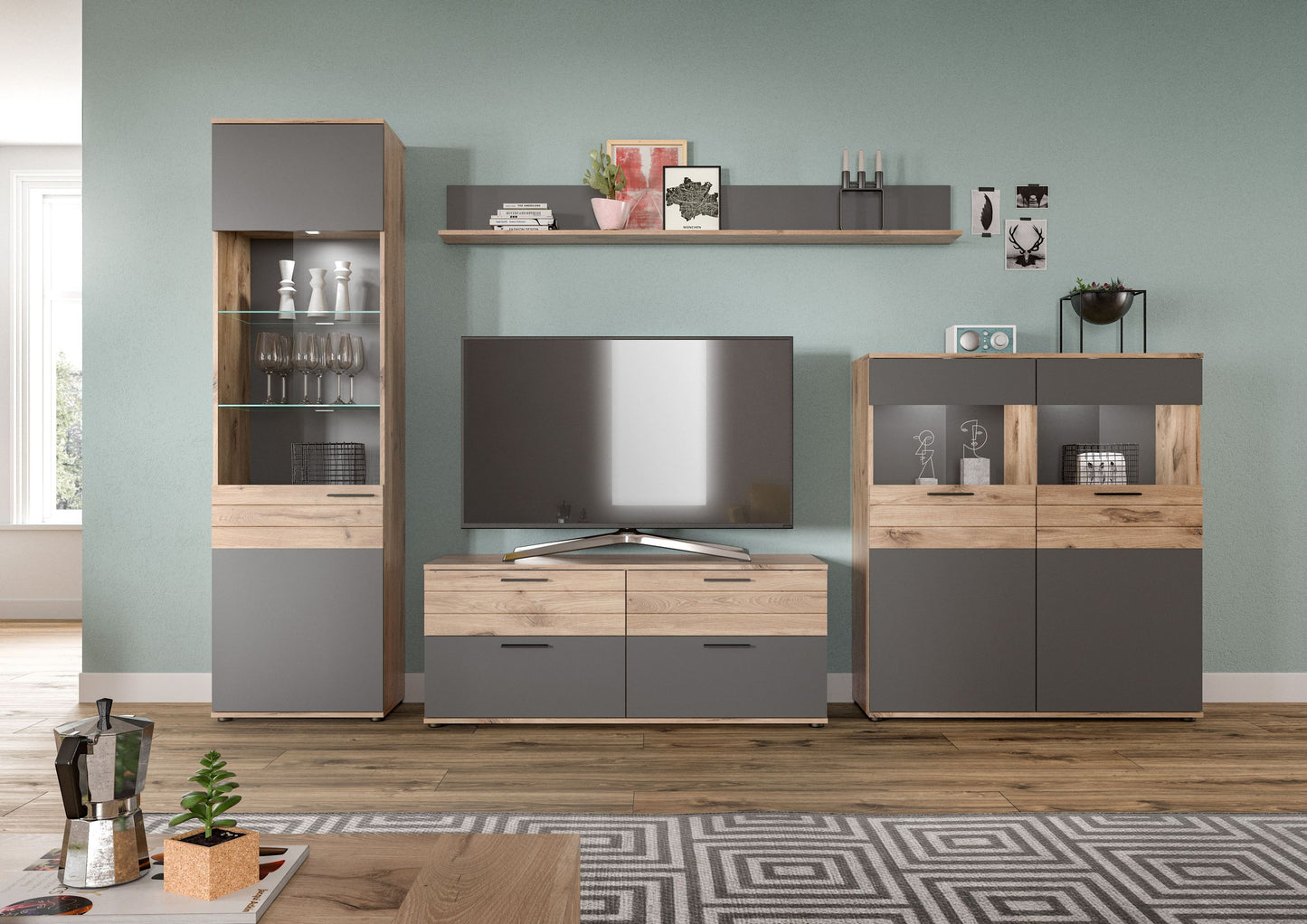 Wohnwand-Set mit TV-Kommode und Schrankelementen: Holzoptik, anthrazitfarbene Türen und Fächer