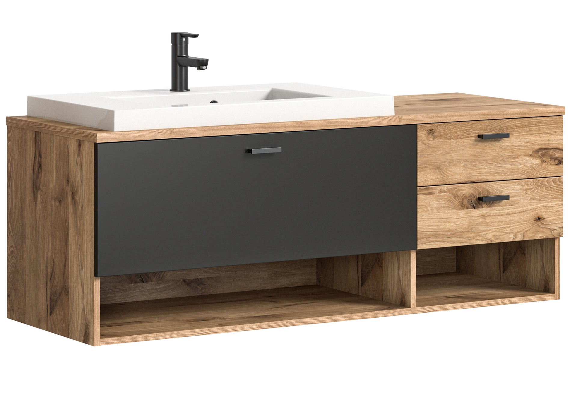 Bad-Waschtischmöbel mit weißem Waschbecken, grauer Front, Holz-Optik und Schublade