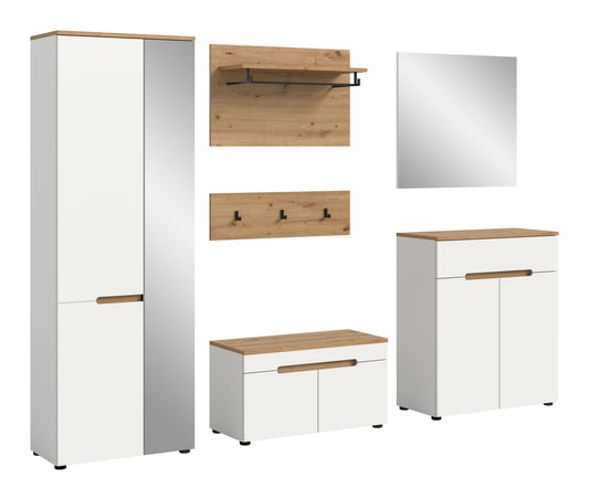 Garderoben-Set: hoher Schrank, Schuhbank und Wandspiegel mit Holzdekor sowie Hakenleiste