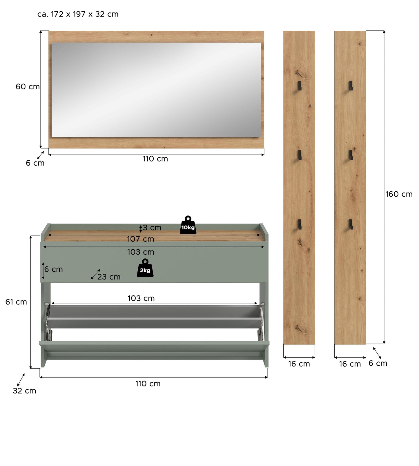 Ensemble de meubles d'entrée DRIVE (L/H/P : env. 172/192/32 cm) en Salbei/Salbei