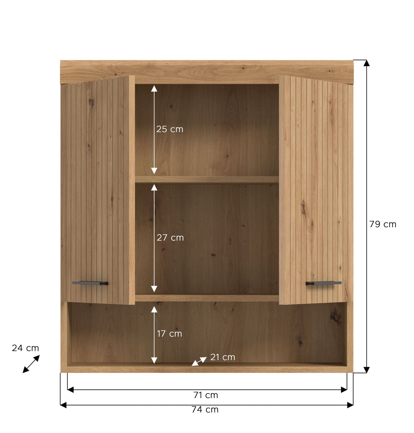 Homes & Jones Badezimmerschrank in Holzoptik, Maße am offenen Fach, mit seitlichen Griffen