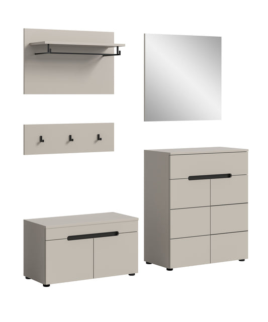 Garderobenset 5-tlg. mit Spiegel, Schrank, Sitzbank und Wandpaneel mit Garderobenhaken