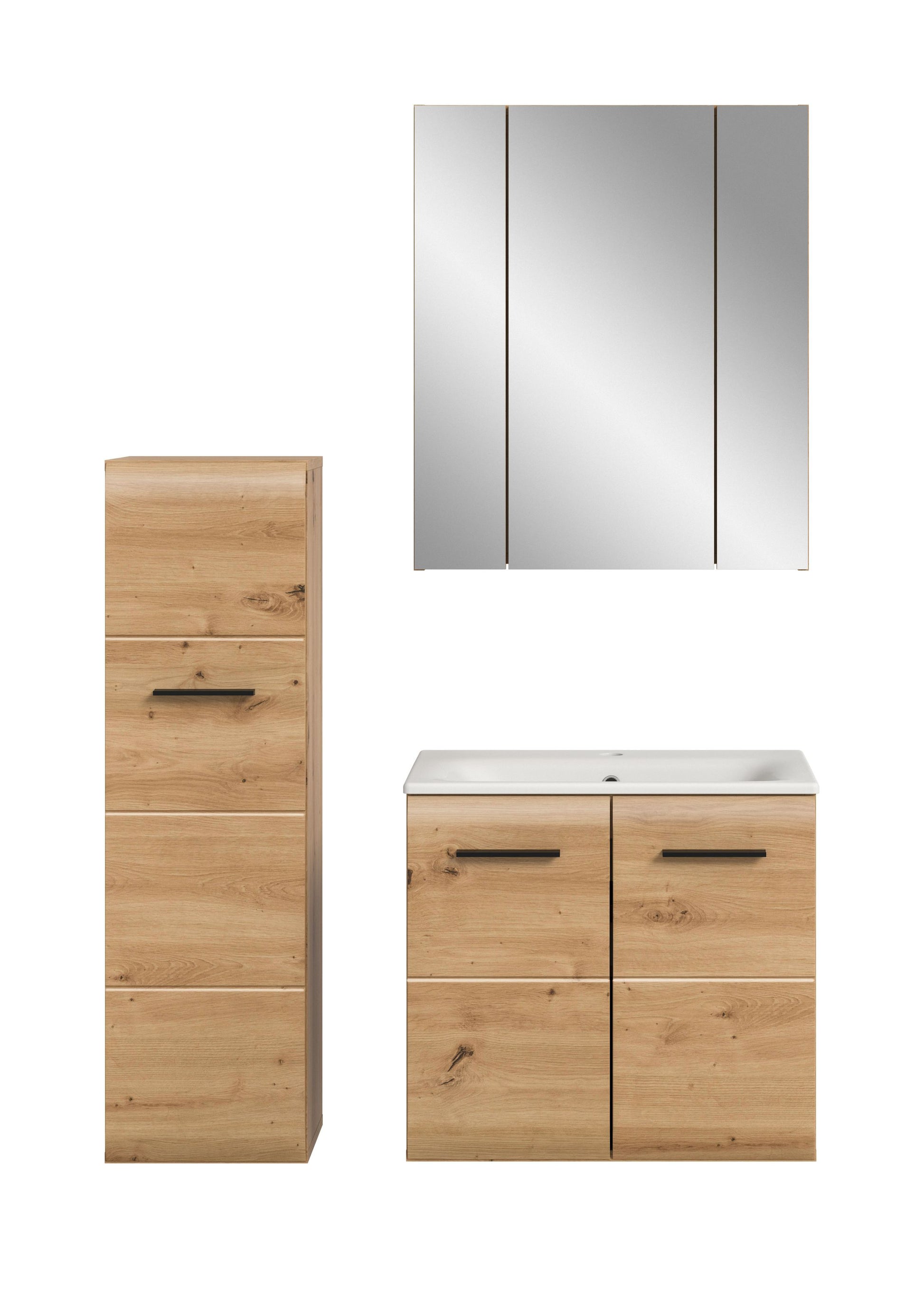 Badezimmermöbel-Set 4-teilig mit Spiegelschrank, Waschtisch-Unterschrank und Hochschrank in hellem Holz