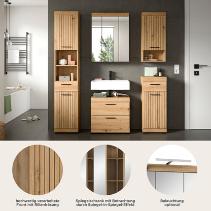 Badezimmerschrank-Set im Holzdekor mit Schubladen, Spiegelschrank und verstellbaren Einlegeböden