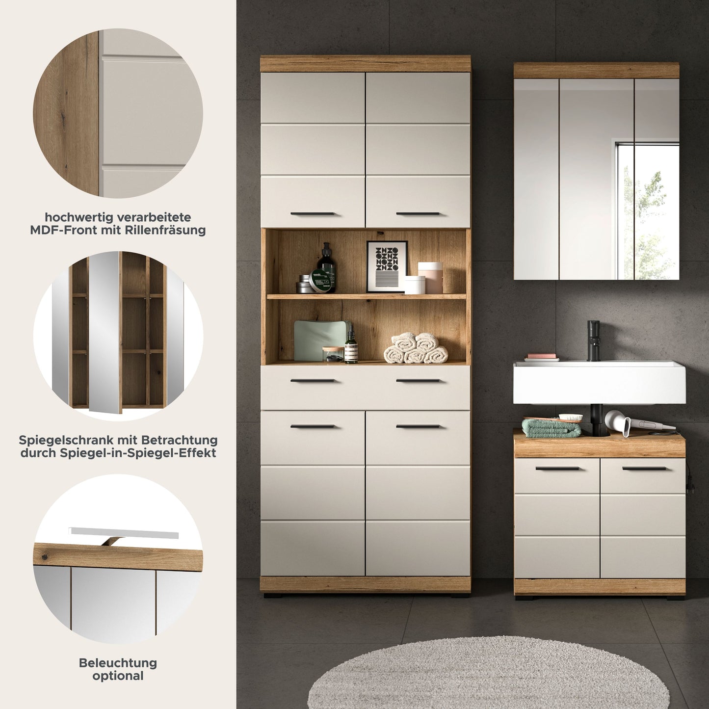 Badezimmerset mit Spiegelschrank und Waschtisch, weißes Frontdesign mit Holzapplikationen