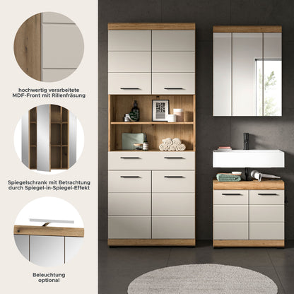 Badezimmerset mit Spiegelschrank und Waschtisch, weißes Frontdesign mit Holzapplikationen