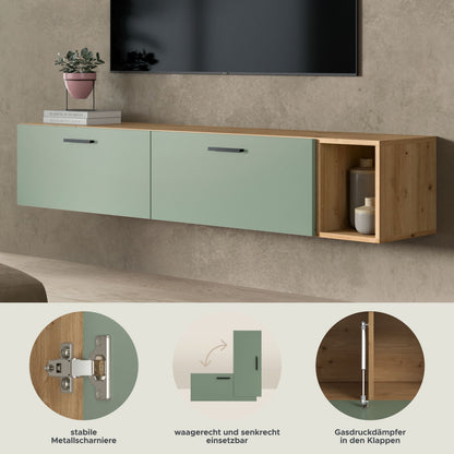 Meuble TV mural THE ONE (l/h/p : env. 75/34/34 cm) en imitation chêne Artisan/vert fumé