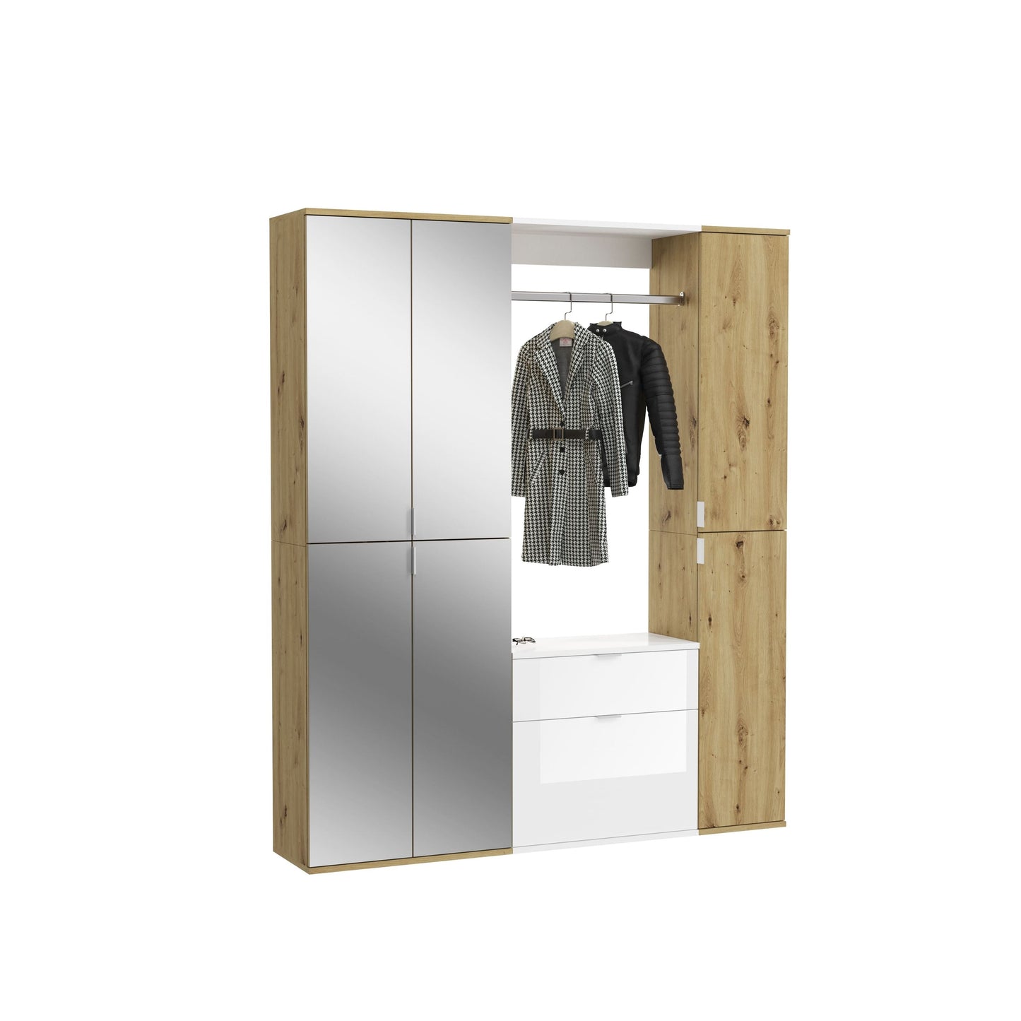 Garderobenschrank mit Kleiderstange und Schubladen, Front mit Glaseffekt in Artisan Eiche/Weiß