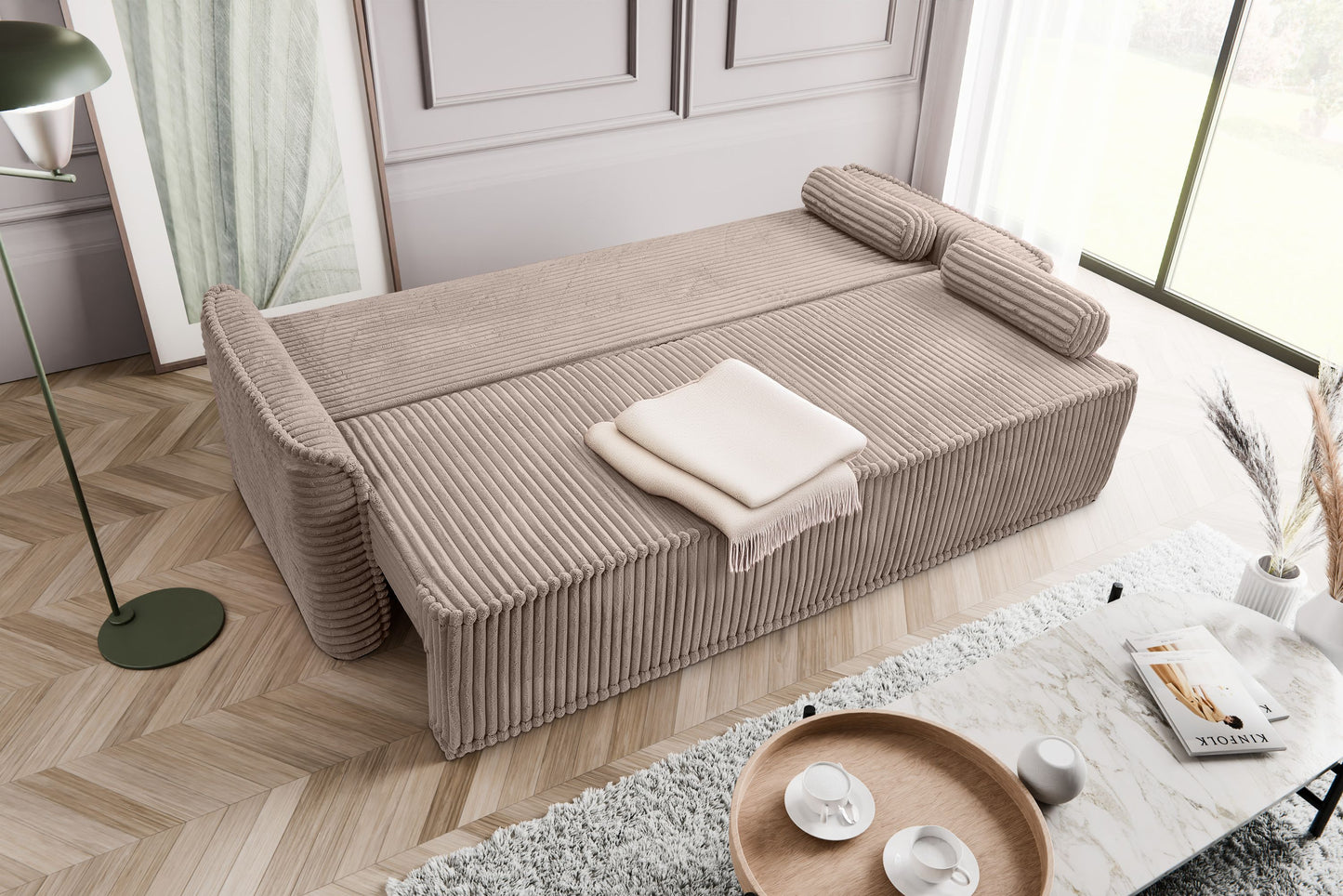 Canapé-lit Grubs – Canapé moderne en velours côtelé avec fonction couchage