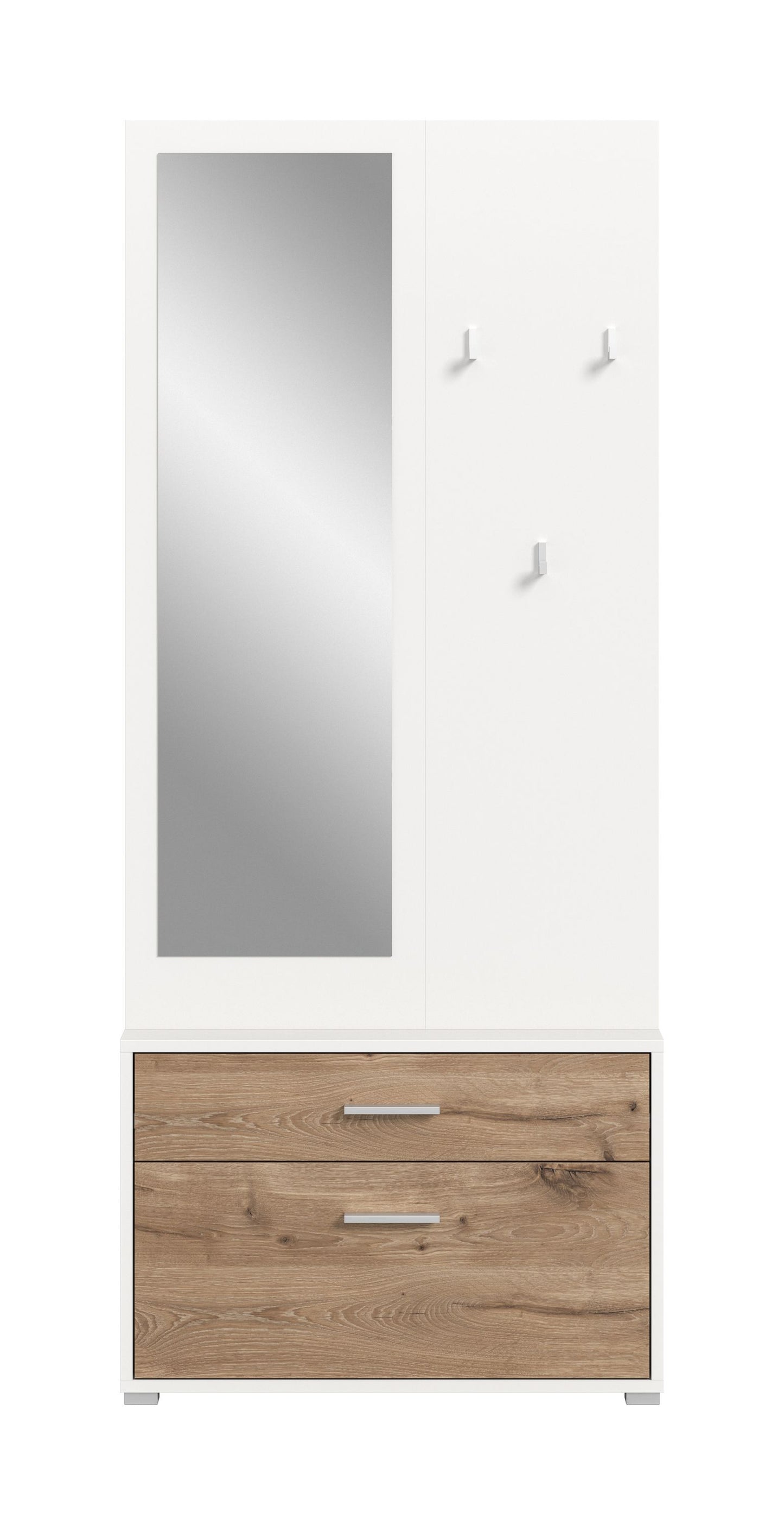 Weiße Garderobe mit Spiegel und Haken sowie zwei eingelassenen Schubladen