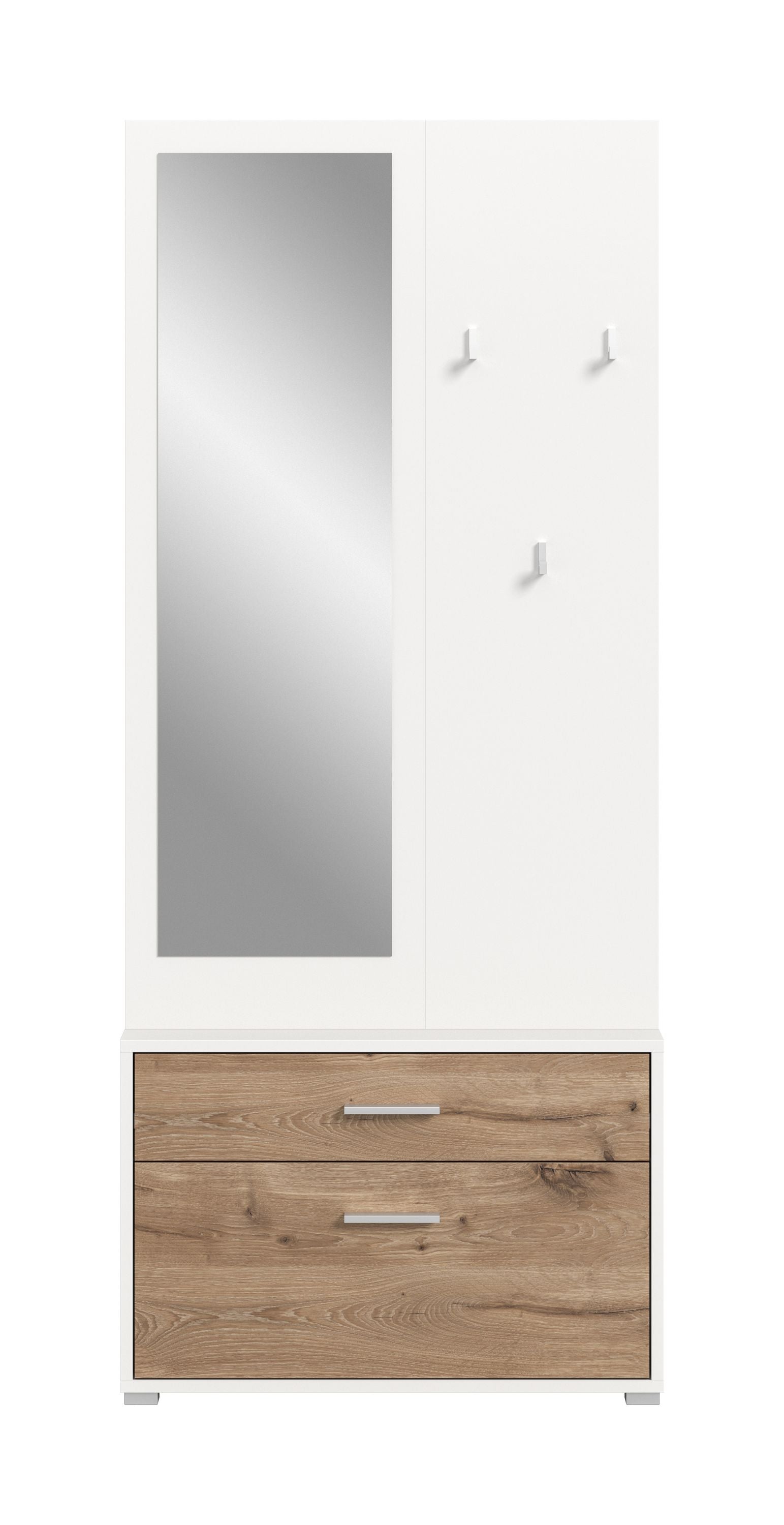 Weiße Garderobe mit Spiegel und Haken sowie zwei eingelassenen Schubladen