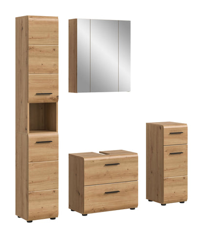 Badmöbel-Set 4-tlg. in Eichenoptik: Spiegelschrank, Hochschrank und Unterschränke