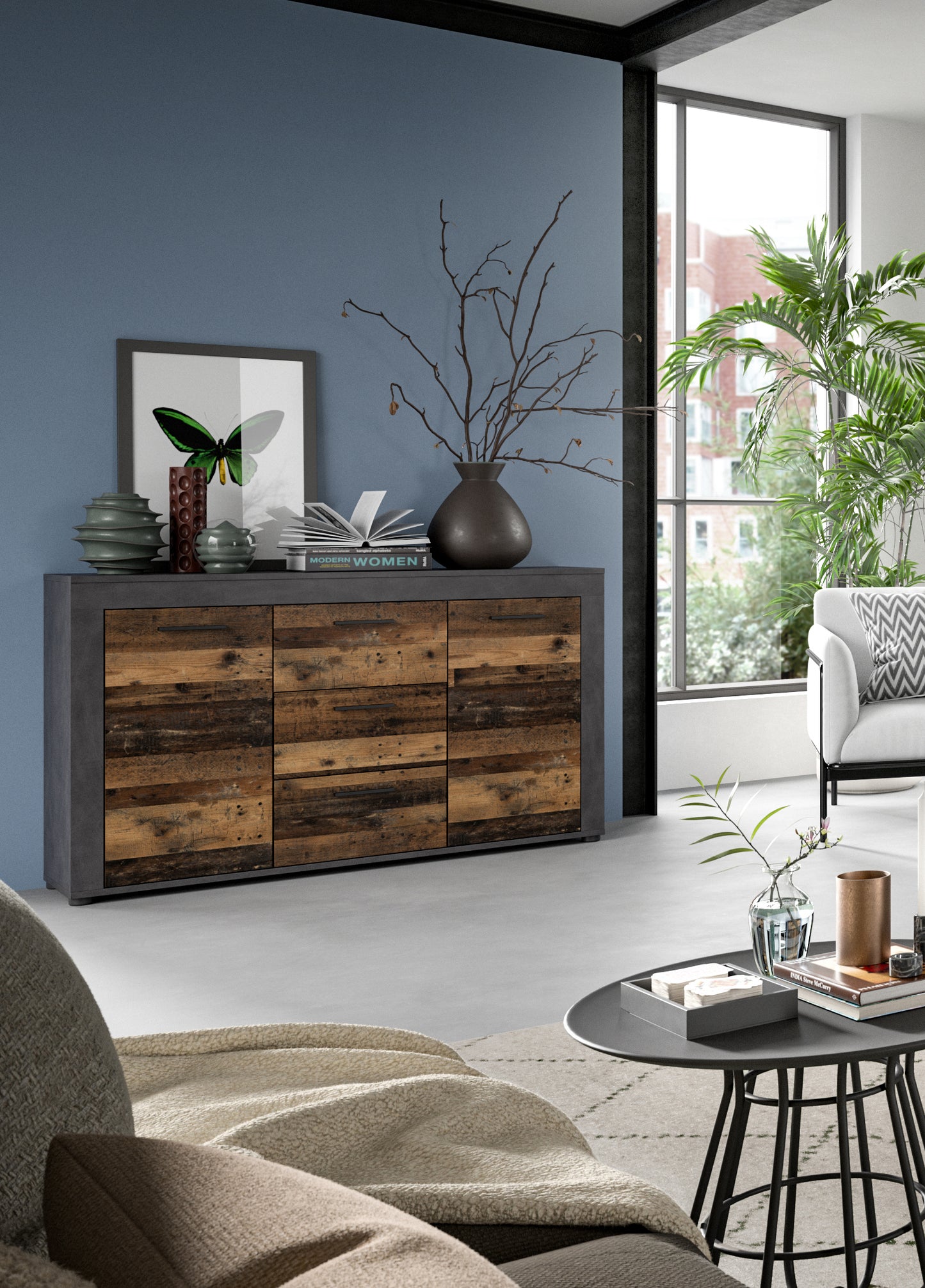 Homes & Jones Sideboard 125 cm breit mit 3 Schubladen, Mehrzweckschrank