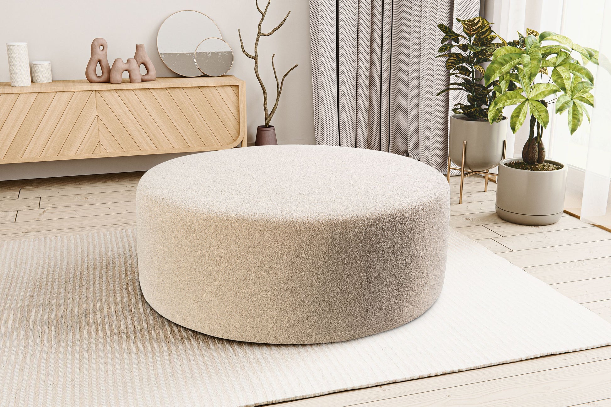 Runder Cord-Hocker mit weicher Polsterung, beige, seitlicher Blick auf den Zylinder