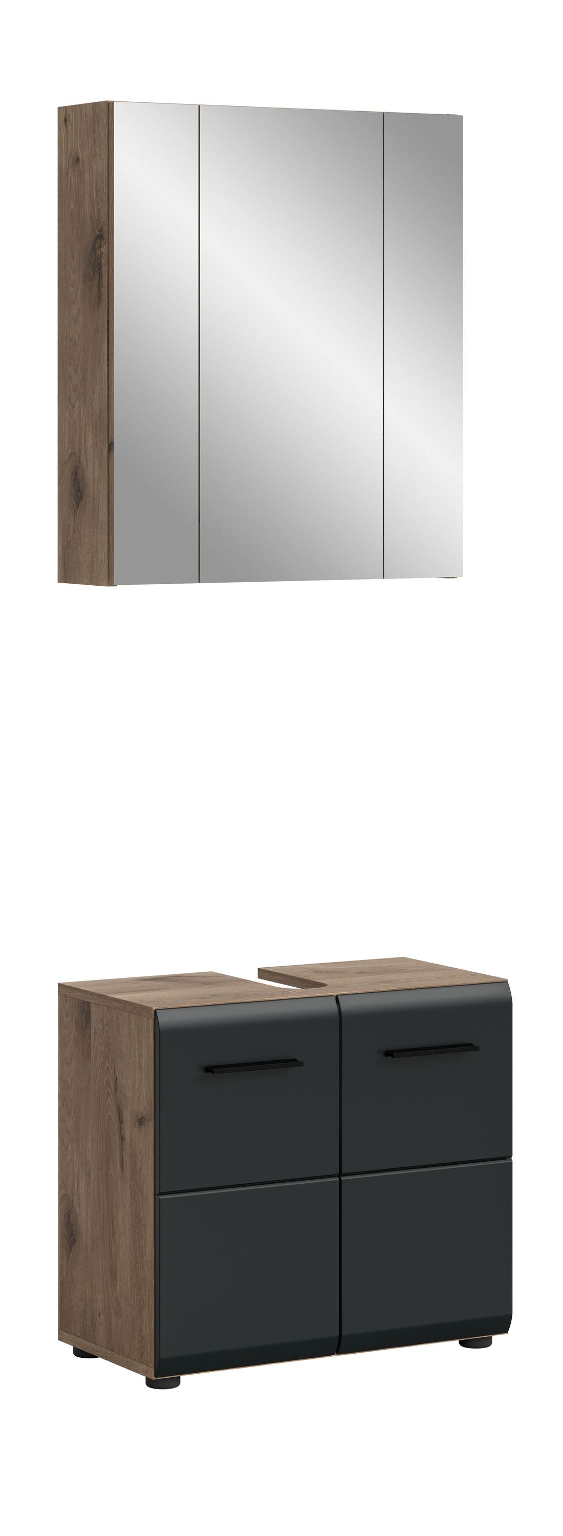 Badmöbelset mit Spiegelschrank und Unterschrank, dunkelgrau mit Holzdekor, zwei Schubladen