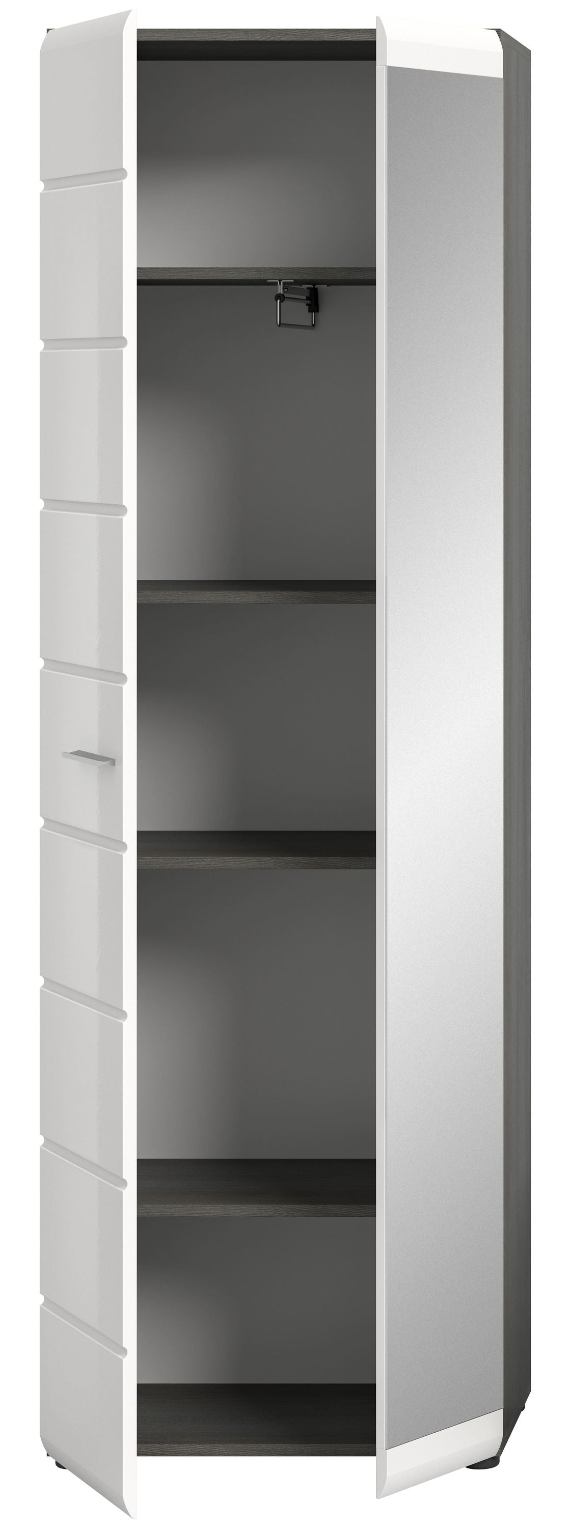 Garderobenschrank mit Spiegel, weiß, offene Spiegeltür mit mehreren Innenfächern