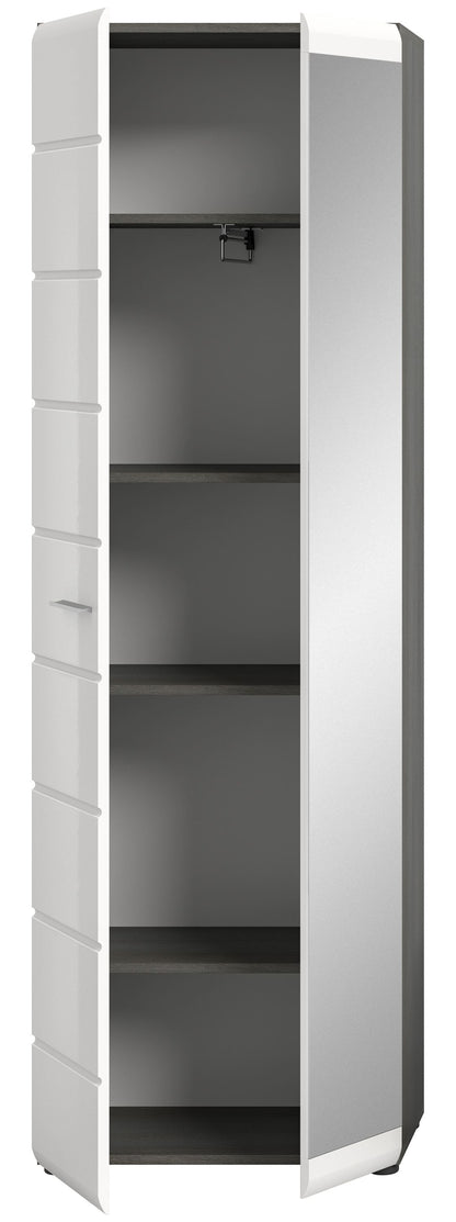 Garderobenschrank mit Spiegel, weiß, offene Spiegeltür mit mehreren Innenfächern