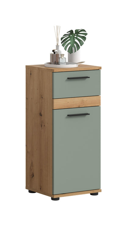 Badezimmerschrank mit zwei Schubladen, graublau, Holz-Seitenteile, Griffmulden