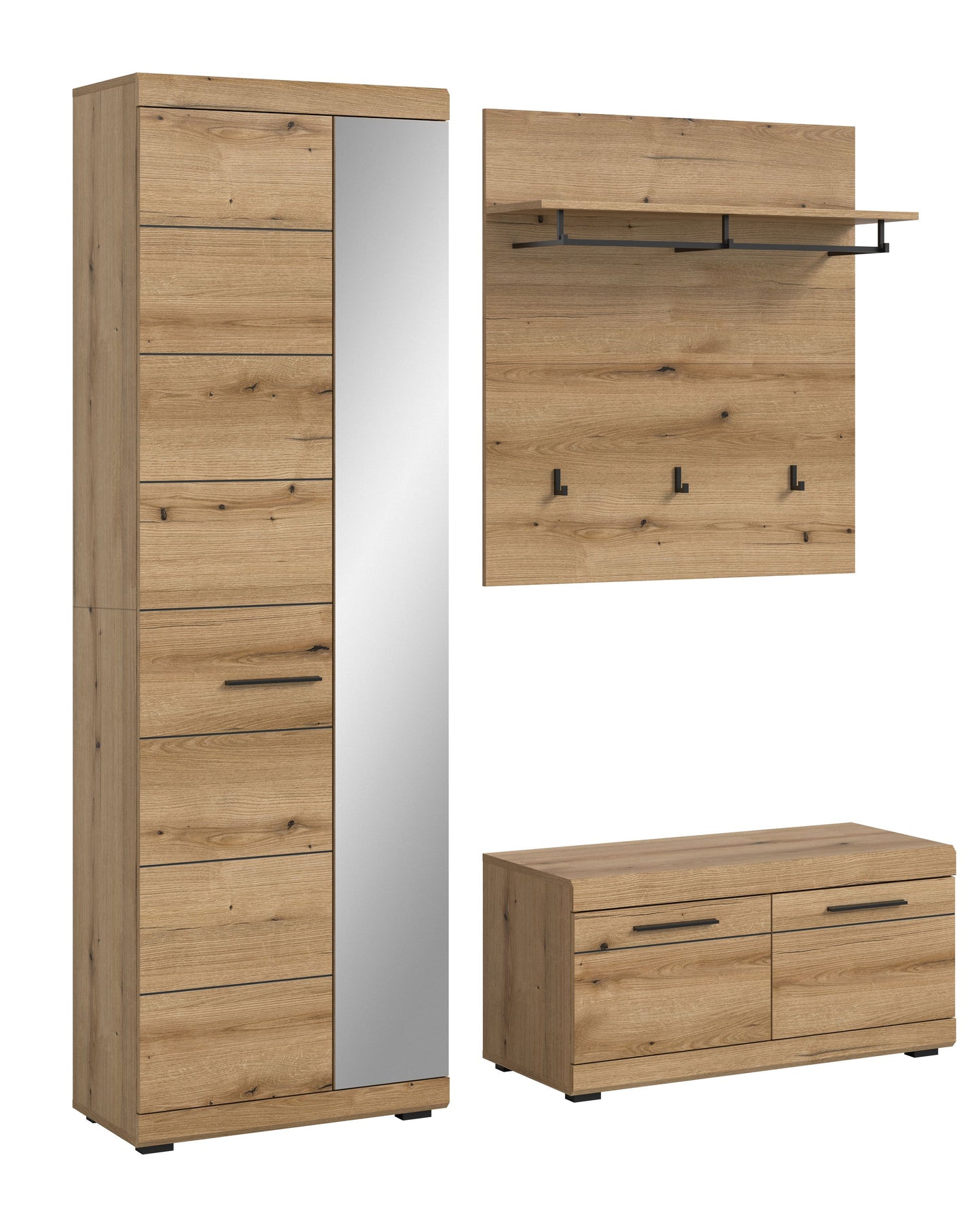 Garderobenset mit Spiegelschrank, Wandpaneel mit Ablage und Haken sowie Bank, naturholz/weiß