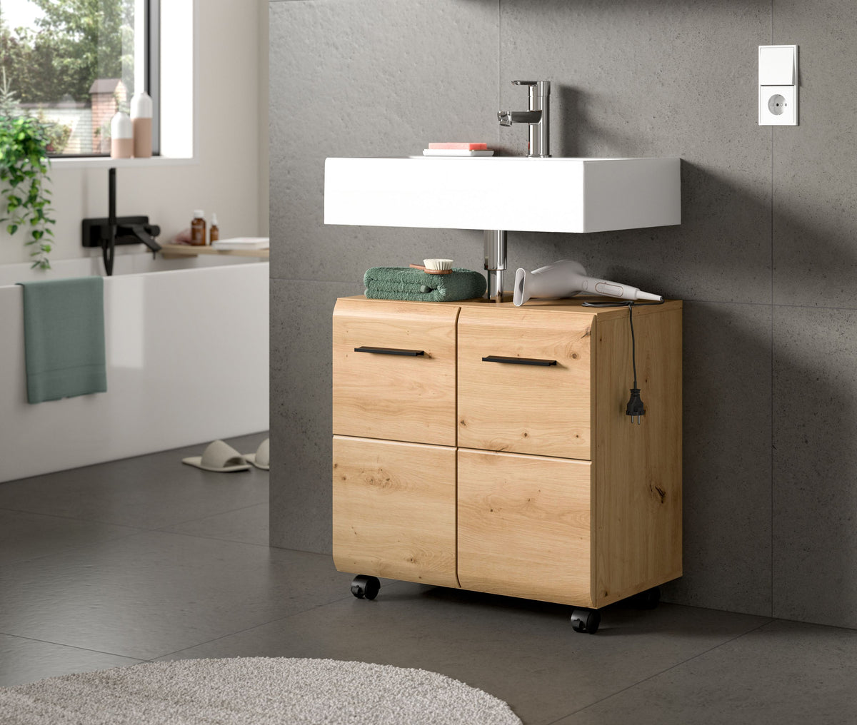 Rolling Washbasin Cabinet ICE (W/H/D: approx. 60/58/30 cm) in Nox Oak finish/matt black