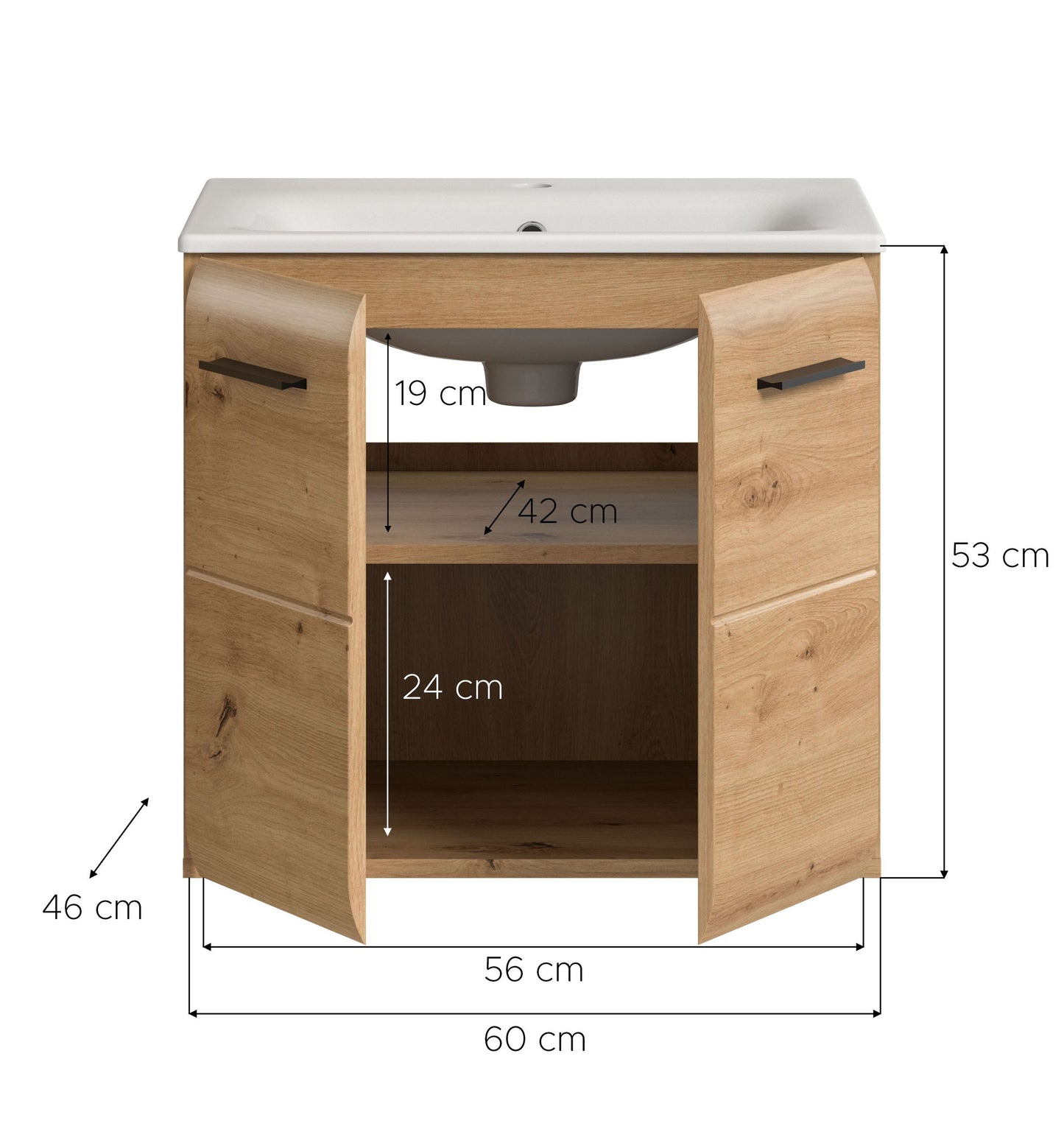Meuble sous-vasque avec lavabo ICE (L/H/P : env. 60/55/46 cm) imitation chêne Nox/noir mat