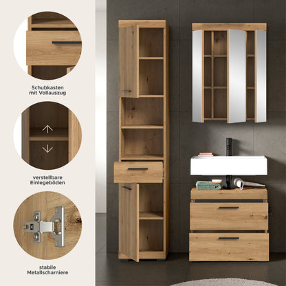Badmöbel-Set aus Holzoptik: Hochschrank mit Einlegeböden, Spiegelschrank und Waschtisch