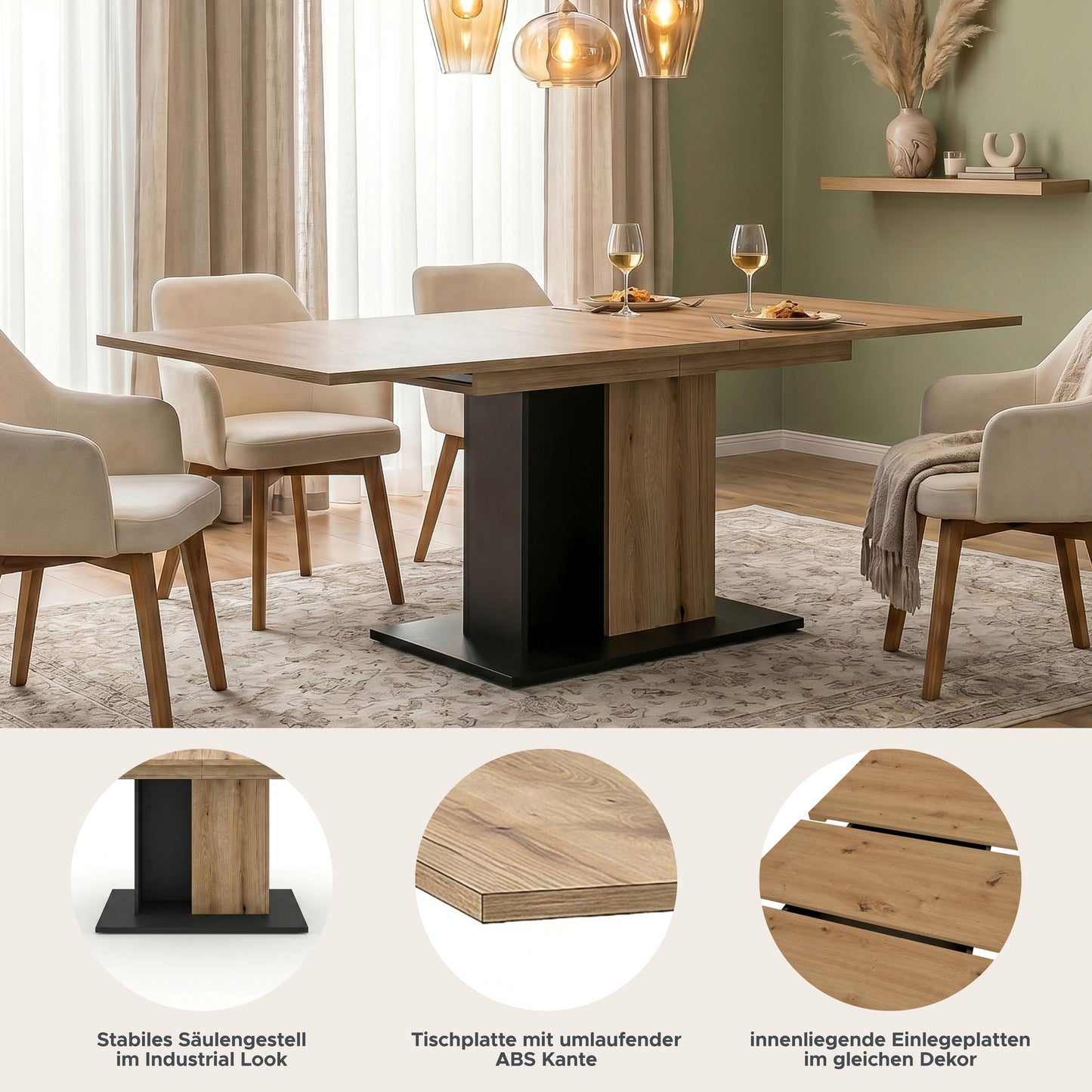 Molina Esstisch  (B/H/T: 150x76x90 cm) in Evoke Oak Nachbildung und Basalt grau