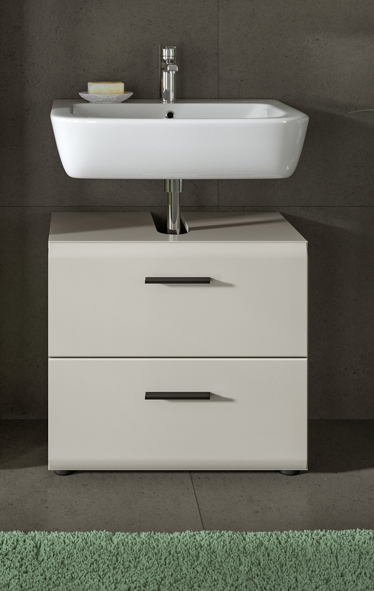 Waschbeckenunterschrank 60 cm mit zwei Schubladen, weißer Korpus, unter Waschbecken im Bad