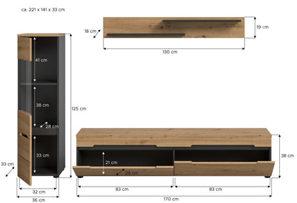 Wohnwand-Set mit Lowboard und Vitrinenschrank: Maßangaben, Holzoptik und Basalt-Grau