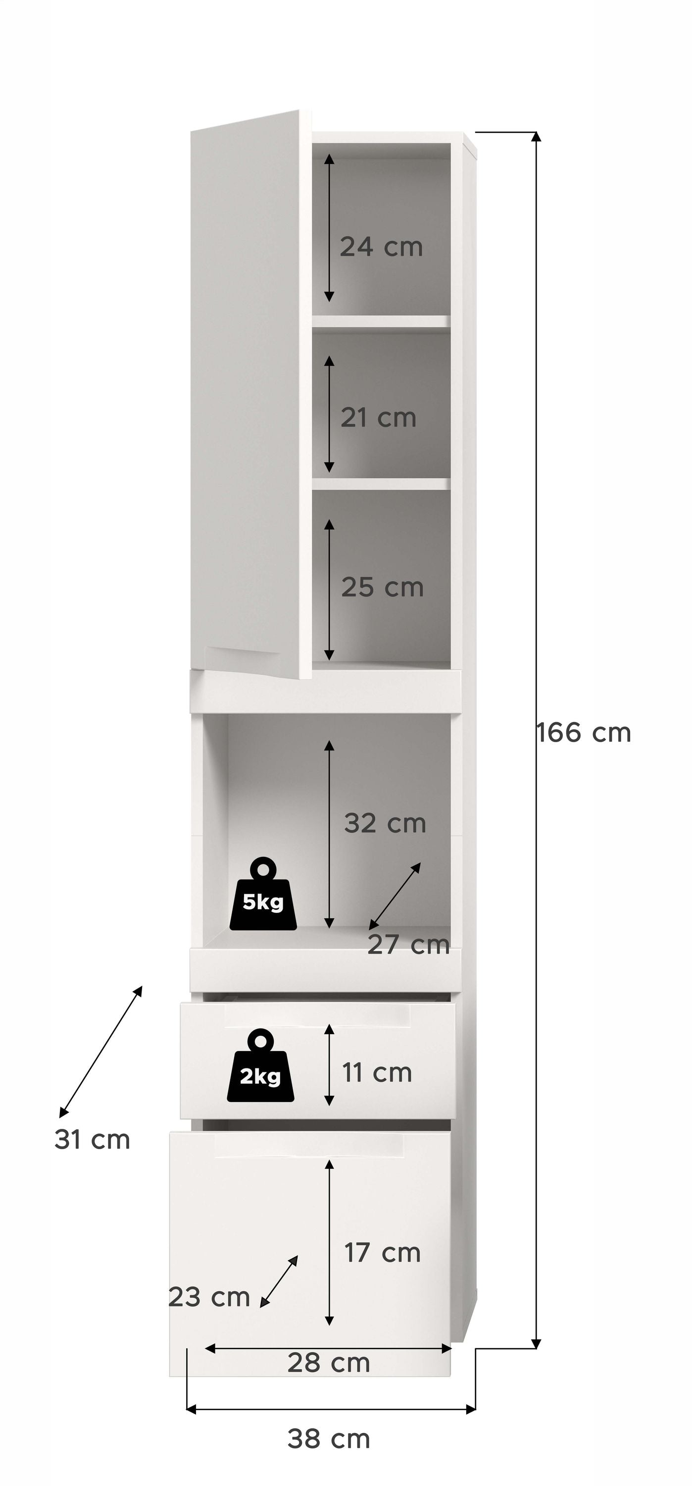 Viana Hängeschrank (B/H/T: 38x166x31 cm) in Weiß matt und Weiß