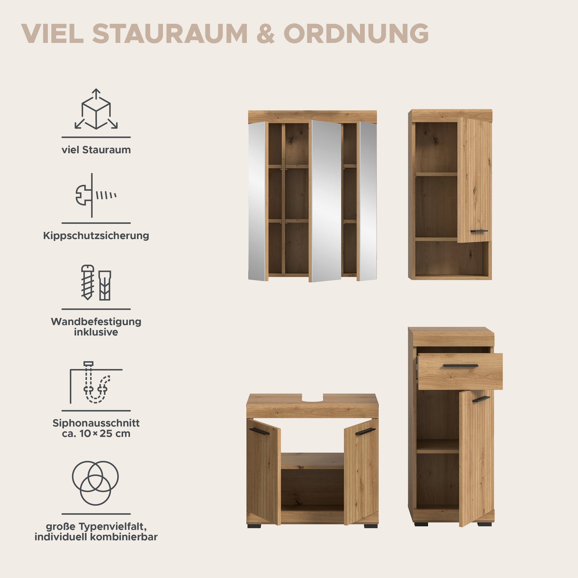 Badezimmerset-Infografik zu Stauraum: Spiegelschrank und Unterschrank in Holzoptik