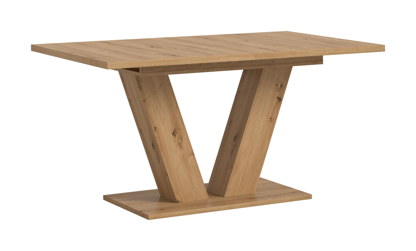 Esstisch mit heller Holzplatte und Holzgestell in V-Form, freistehend, rechteckig
