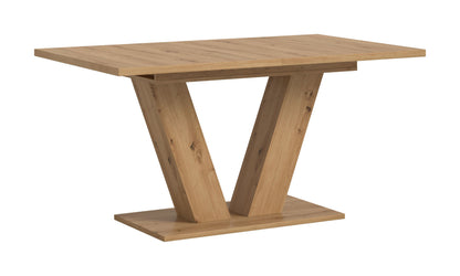Esstisch mit heller Holzplatte und Holzgestell in V-Form, freistehend, rechteckig