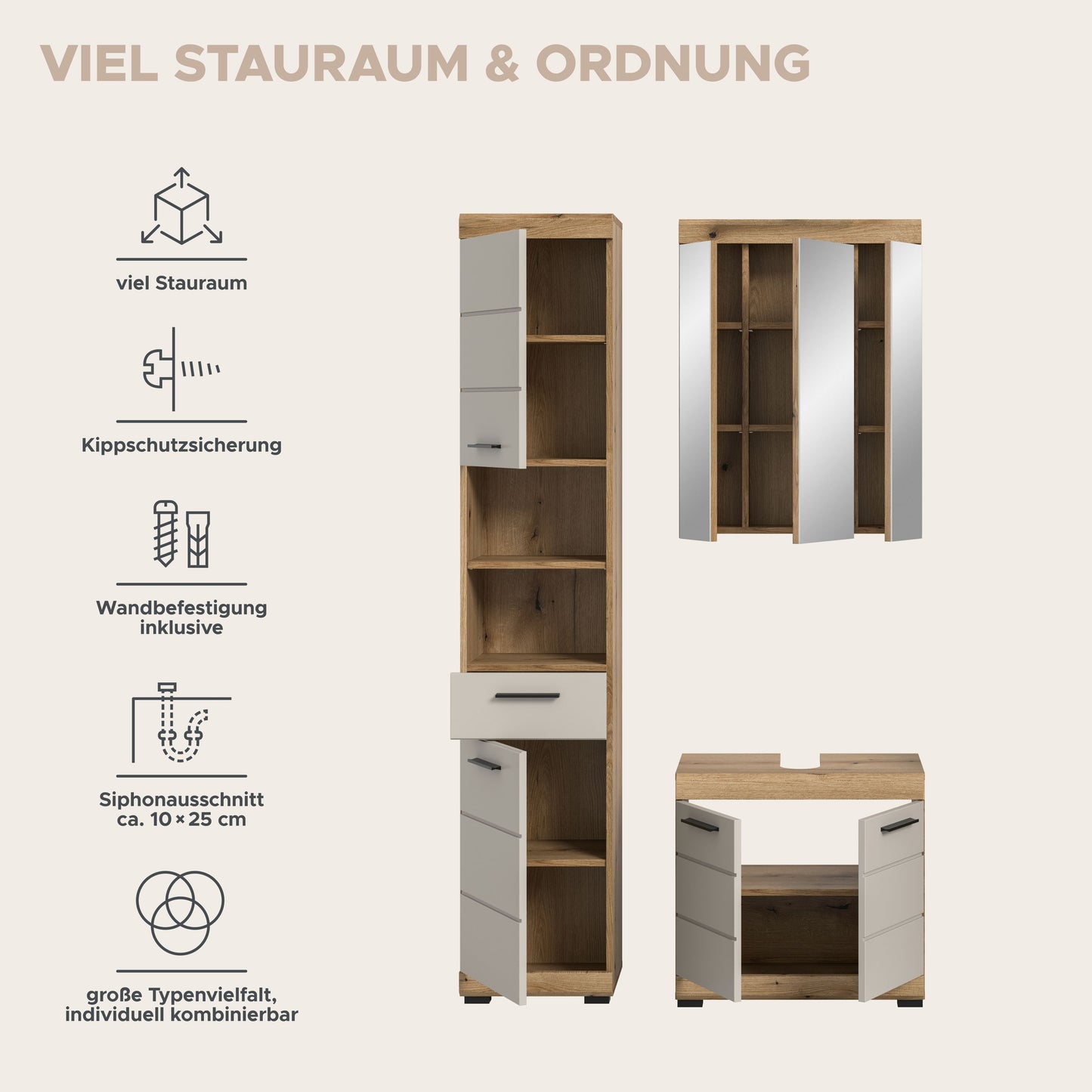 Hochschrank im Badezimmerset mit Schublade und offenen Fächern, Holzinnenraum, weiße Front